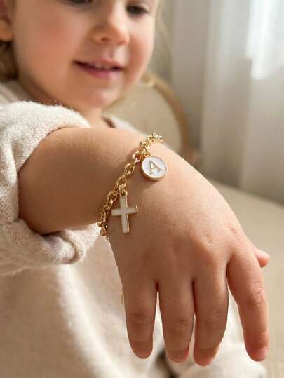 1 chiếc mặt dây chuyền hình thánh giá màu trắng bằng hợp kim, mặt dây chuyền chữ cái, vòng tay thời trang tinh tế, phụ kiện trang sức phong cách nghỉ mát biển, quà tặng Ngày của Mẹ, phụ kiện tôn giáo.