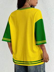 大码女式休闲运动套装，采用绿黄撞色字母印花面料。适合夏季和运动季节。网眼透气面料，印花设计。 - 彩色 - 查看 2