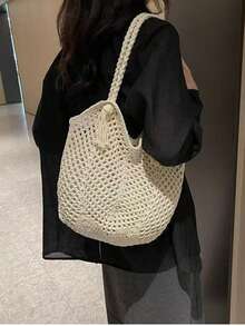 Hollow Mesh Tassel Straw Tote Bag, Large Capacity Vacation Commute Shoulder Beach Bag For Women,Holiday Essential,Summer,Beach Bag,Holiday Bag - Multicolor - View 3