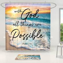 1pc/4pcs Beach Scenery Pattern Bathroom Decor Shower Curtain Set, Free 12 Hooks Included, Elegant Holiday Atmosphere, Bathroom Mat, U-Shaped Floor Mat And Round Toilet Mat, Suitable For All Scenarios Bathroom Set - Beach Text - View 5