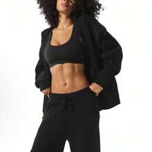 Alo Yoga Domain Rib Knit Full Zip Sweater - Premium Ribbed Knit Cardigan | Viral 2026 Women's Luxury Lounge Wear | Slim Fit Full-Zip Mock Neck Sweater | Comfortable Soft Daily Streetwear | Authentic Designer Knitwear Apparel - 黑色 - 查看 6