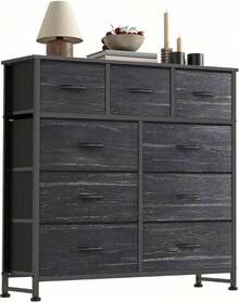 Cómoda Sweetcrispy de 9 cajones, torre de almacenamiento de tela para dormitorio, pasillo, entrada, armario, unidad organizadora alta con contenedores de tela, estructura de acero, superficie de madera, asa de fácil extracción. - Veta de madera negra - Ver 3