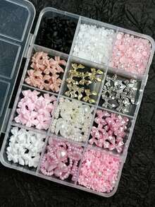 12 Compartments Mixed Resin Pearl Bow, Heart, Mini Flower Decorations, DIY Nail Art Accessories, Cute & Versatile Nail Jewelry - Multicolor - View 3