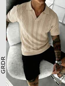 GRDR 男士镂空针织 Polo 衫，美式复古 V 领短袖，透气网眼夏季上衣 - 杏色 - 查看 1