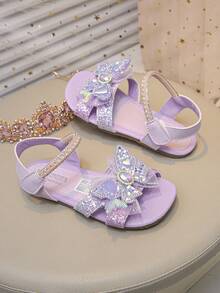 Sandalias de princesa para niñas, nuevas sandalias de verano con lazo de sirena y strass, sandalias de playa con suela blanda y antideslizante para niños - Morado - Ver 4