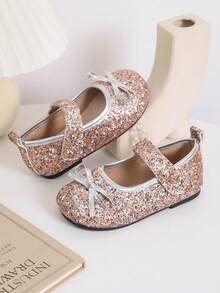 1 Pair Black Flat Dance Shoes With Shiny PU Bow Decor, Round Toe Soft Sole Hook & Loop Design, Fashion Princess Style Ballerina Shoes For Daily Wear, Vacation, Holiday, Party, Indoor & Outdoor - Champagne - View 7
