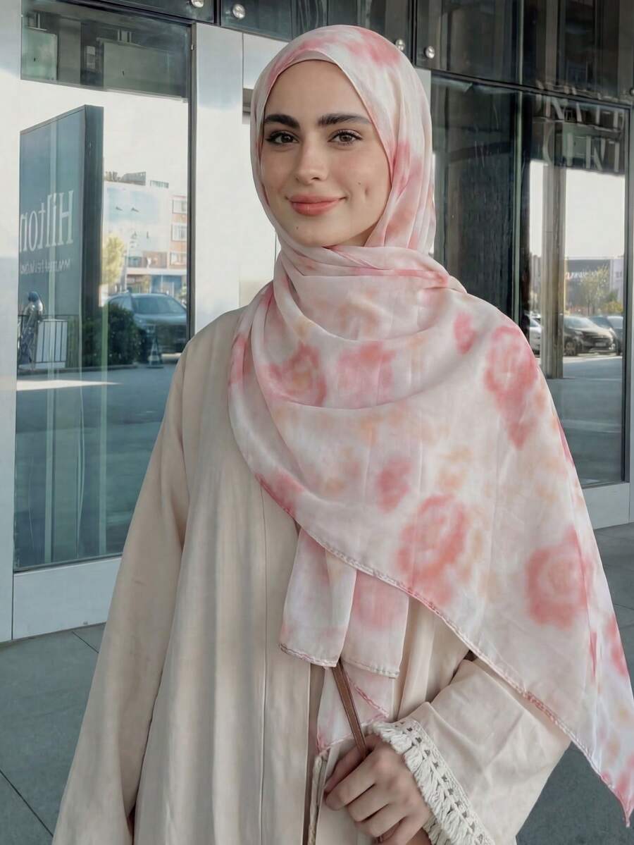 1条女士宽边橙色花卉印花围巾，轻盈透气柔软水彩印花头巾披肩，优雅百搭日常头巾，适合所有季节 - 彩色 - 查看 1