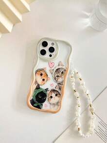 Cream Textured Wavy Edge Glossy Cat Painted Anti-Drop Phone Case With Beaded Bracelet Accessory, Compatible With IPhone 17pro/17Air /17/17promax16/11/16pro/16plus/16promax/16e/15Promax/13/14/12/XS/XR/7G/8P, Galaxy 11/12Pro/12/12X/13Pro/14Pro/15Pro/, 10/9/Note9/12c/Note11pro/Note8Pro - Multicolor - View 5