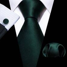 4PCS Men's Dark Green Tie Set – Matching Pocket Square, Cufflinks & Gold Tie Clip, Classic Formal Necktie For Business Wear - Green - View 2