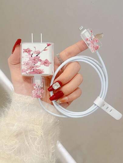 极简苹果樱花图案保护壳，适用于 20W充电线、16 Pro Max手机数据线、13/14 Plus，防弯折、防啃咬