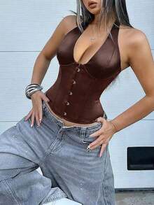 Satin Bustier Crop Top, Front Hook & Rear Tie-Up Backless Design, With Underwire For Waist Shaping, Suitable For Women To Wear At Music Festivals Summer - Dark Brown - View 5