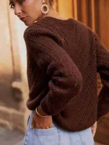 Solid Color Cardigan Long Sleeve Knit Sweater Jacket, Autumn/Winter - Brown - View 3