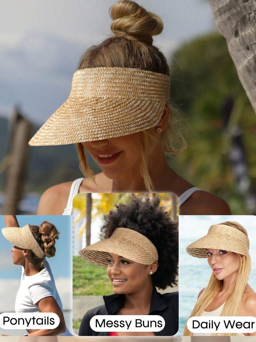3/1pc Adjustable Raffia Hat, Unisex UV Protection Foldable Wide Brim Sun Hat, Casual Versatile Bohemian Retro Elegant Style, Spring/Summer Raffia Sun Hat, Khaki - Multicolor - View 1