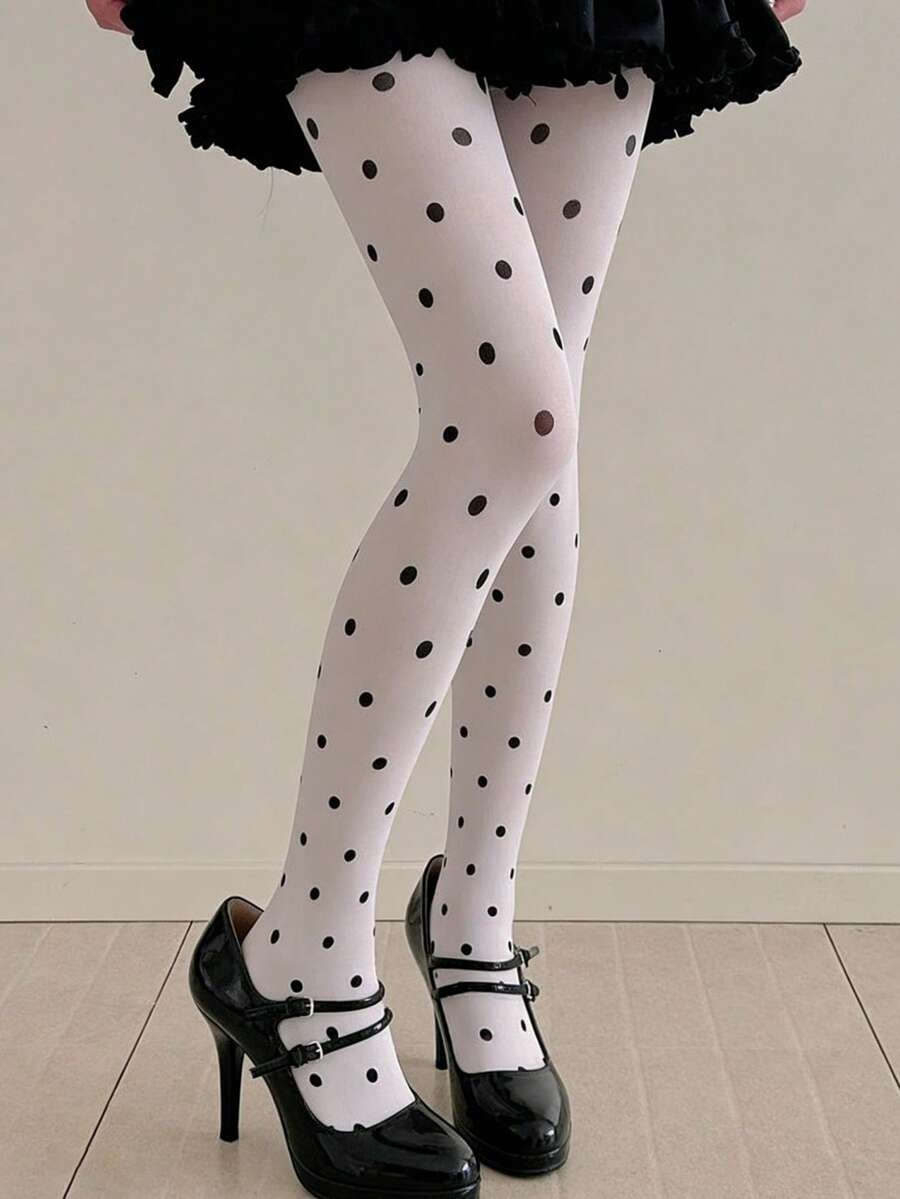 甜美清爽的波点丝袜，复古原宿风波点印花连裤袜，日常穿着 - 彩色 - 查看 1