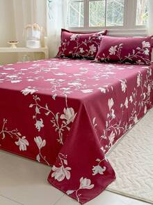 三件套花卉印花床上用品（含枕套，不含枕芯），100% 涤纶印花床单和床罩，可机洗，柔软耐用，适用于卧室或客房，现代简约家居床上用品。 - 酒紅玉枝 - 查看 3
