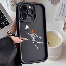 Funny Halloween Devil Skeleton Dunk Basketball Case, European American INS Style, Matte Black Camera Lens Frame, Step Design, Full Body Shockproof Soft Cover, International Version, Compatible With Galaxy A/S/FE/Plus/Ultra, Pro/Note/Poco/X, Transsion Hot/Play/Spark/Pop/Smart, Reno , Honor, E/G/Moto, Android Phones - Black - View 1