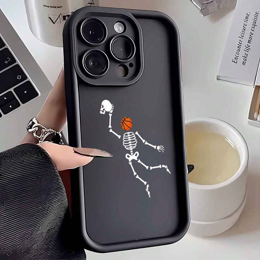 Funny Halloween Devil Skeleton Dunk Basketball Case, European American INS Style, Matte Black Camera Lens Frame, Step Design, Full Body Shockproof Soft Cover, International Version, Compatible With Galaxy A/S/FE/Plus/Ultra, Pro/Note/Poco/X, Transsion Hot/Play/Spark/Pop/Smart, Reno , Honor, E/G/Moto, Android Phones - Black - View 1