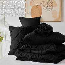 Queen Comforter Set Black 7 Pieces Pintuck Bed in A Bag Premium Black Comforter Queen Size Pinch Pleat Bedding Sets with Comforter Sheets Pillowcases and Shams - Negro - Ver 7