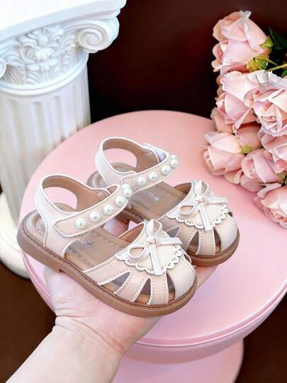 Sandal quai ngang mắt cá chân đính ngọc trai cho bé gái | Sandal mùa hè thoáng khí, kín mũi cho trẻ em