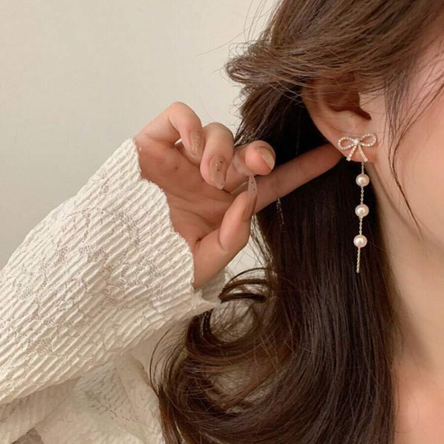 1 Pair Pearl Bow Tassel Reversible Earrings, Versatile & Fashionable Earrings - Silver - View 1