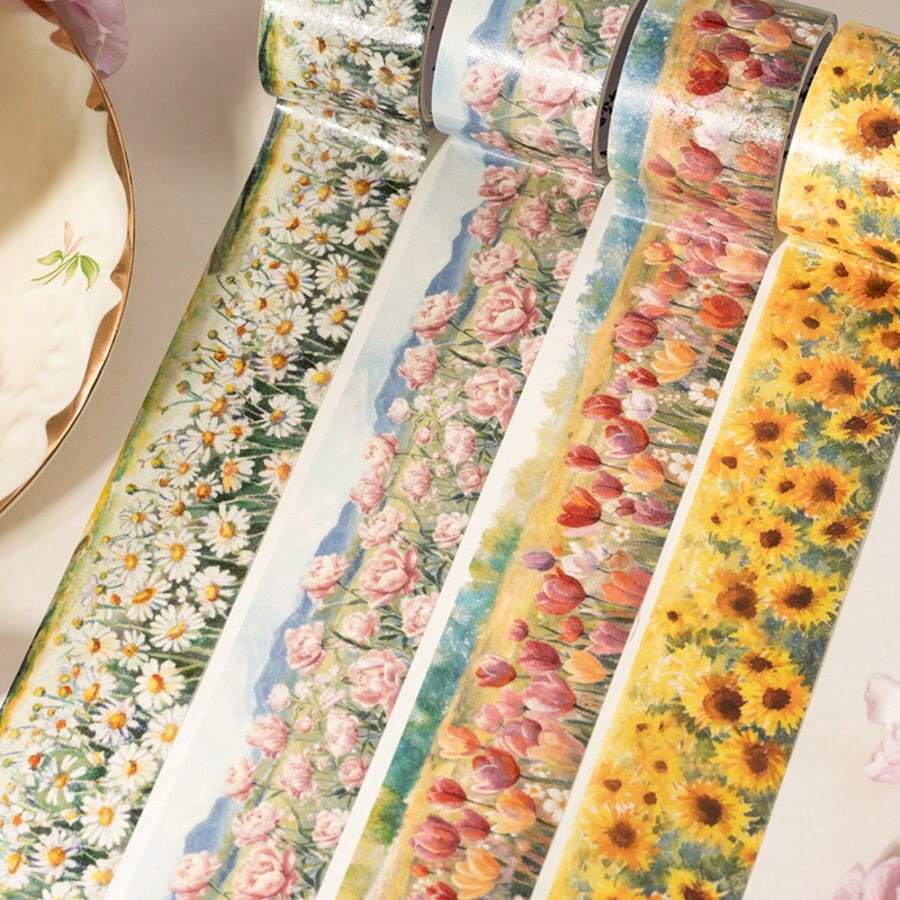 1 Roll Washi Tape, Floral Series Pastoral Style Hand-Painted Illustrations Of Plants And Flowers, Refreshing Natural Landscape Flowers Like Tulips/Sunflowers/Daisies/Roses, Suitable For Scrapbooking, Albums, Notebooks, DIY Decoration, Student Stationery Supplies, Back To School Essential - 1rolii - View 1
