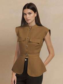 Amyenjoylife Modern Filipiniana Sleeveless Stand Collar Button-Up Peplum Top, Brown - Coffee Brown - View 5
