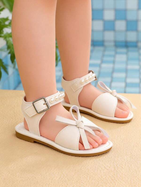Girls' Pearl Bow Sandals, Soft Sole Non-Slip Princess Shoes, Versatile For Daily Outings, Performances, Beach, Outdoor Vacation, Casual Dress Matching, Suitable For Summer
