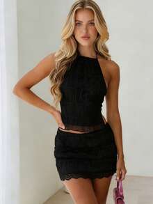Women's 2 Piece Outfits Smocked Mini Skirt Set Casual Sleeveless Backless Smocked Halter Neck Tie Up Crop Top + Bodycon Short Mini Skirt Set Cocktail Party Beach Dress - 深灰色 - 查看 2