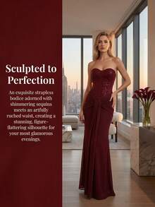 Elegant Sexy Sweetheart Neckline Ruched Waist Sequin Mermaid Prom Dress - 紅色 - 查看 8