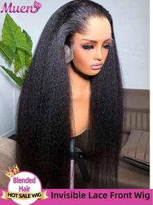 Yaki Straight Lace Front Wigs Brazilian Human Hair For Women 200% Density Glueless Wigs Blended Human Hair Pre Plucked Bleached Knots 13x4 HD Transparent Kinky Straight Blended Human Hair Wig With Baby Hair Natural Color 34inch - Natural & Black - View 2