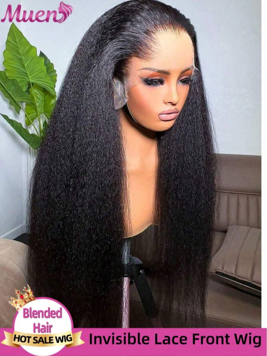 Yaki Straight Lace Front Wigs Brazilian Human Hair For Women 200% Density Glueless Wigs Blended Human Hair Pre Plucked Bleached Knots 13x4 HD Transparent Kinky Straight Blended Human Hair Wig With Baby Hair Natural Color 34inch