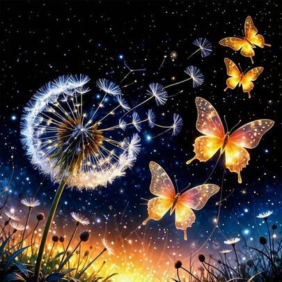 Bộ tranh đính kim cương 5D tự làm mới - Hoa bồ công anh và bướm, tranh khảm kim cương nhân tạo hình tròn không khung, đồ trang trí nhà cửa thủ công sáng tạo, quà tặng lễ Phục sinh và Giáng sinh.