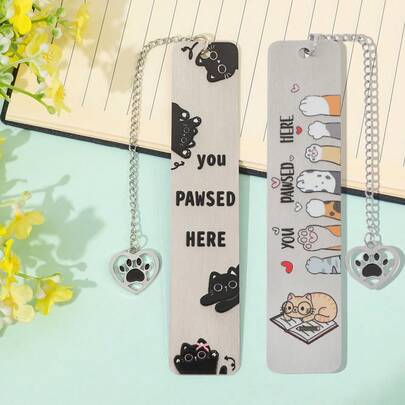 猫咪不锈钢金属吊坠书签，可爱猫爪书签，黑色猫咪书签夹，书虫/猫咪礼物，猫咪生日派对装饰。