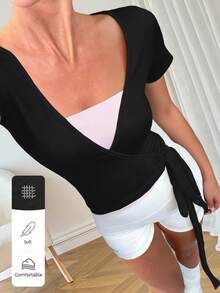 Women's Black V-Neck Wrap Short Sleeve Sweater, Fashionable, Elegant, Versatile, Fitted, Slimming Spring - Black - View 3