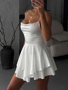 Đầm ngắn mùa hè màu trắng trơn thanh lịch cổ khoét sâu, viền bèo nhún đôi, hở lưng, dây rút - trắng - Xem 5
