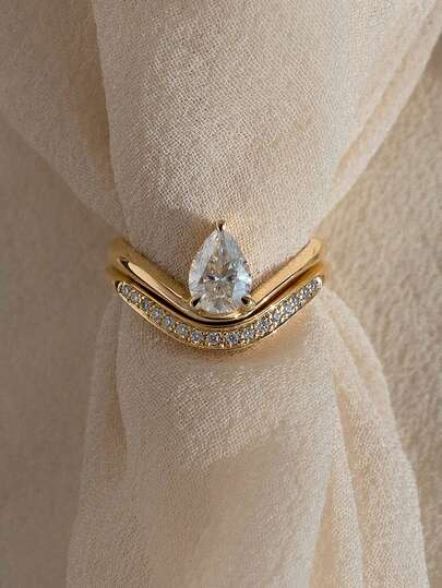 2pcs/Set Classic Luxurious Water Drop Shaped Diamond Rings, Inlaid Diamonds, Engagement Gift, Holiday Gift, S925 Sterling Silver Exquisite Jewelry Gift