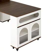 Kitchen Island With Wheels, Extendable Dining Table With Power Strips And Ribbed Glass, Sideboard With One Drawer, Serves As A Kitchen Island, Sideboard For Kitchen And Dining Room (White + Walnut) - White - View 10