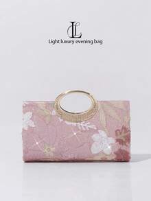 Sac de soirée de luxe pour femme avec fleurs et sequins, sac de mariage, de fête ou de bal de promo avec poignée en cristal circulaire (motif aléatoire) - Rose bonbon - Voir 9