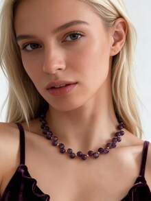 1pc Elegant Purple Crystal Necklace: Handmade Woven Purple Crystal Necklace, Purple Gemstone Necklace, February Birthstone, Refined Daily Necklace - Purple - View 3