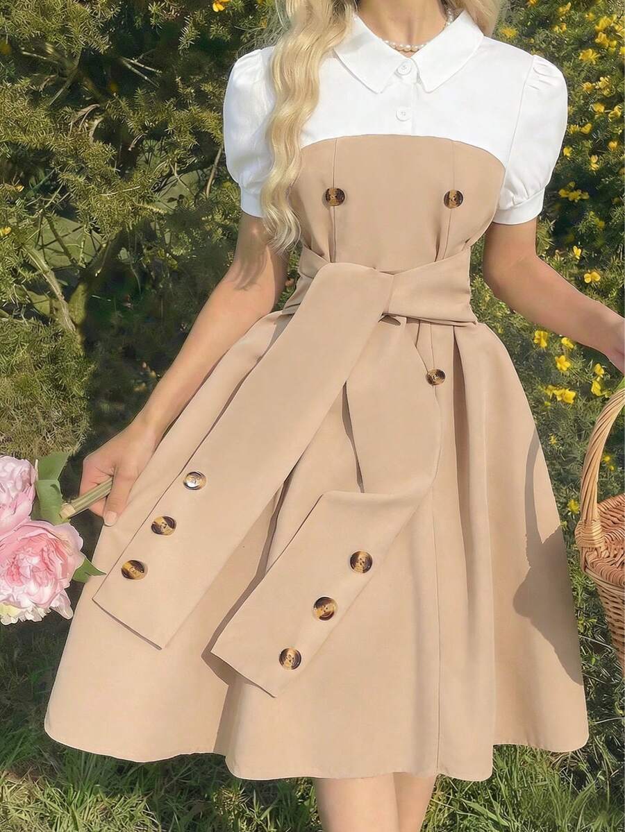 Sommerliches Kurzarm-Kleid mit Umlegekragen für Tween-Mädchen, lässiges 2-in-1 mit Gürtel - Khaki - Übersicht 1