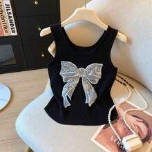 Lässig-elegantes Camisole-Top im Boho-Stil für Damen, mit Schleife und Paillettenbesatz, ideal für Strand, Alltag und Partys. - Schwarz - Übersicht 3