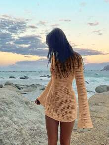 Women's Solid Color Sexy Hollow See-Through Backless Design Long Sleeve Coverup Crop Dress, Suitable For Beach Vacation, Spring/Summer White - Camel - View 5