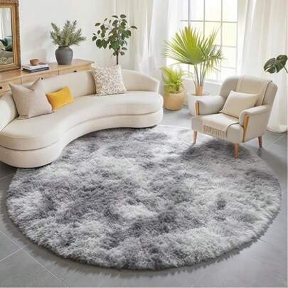 1 pieza Alfombra redonda con efecto tie-dye en gris claro, estilo nórdico Ins, alta densidad y pelo largo, ideal para sala de estar, dormitorio, primavera/verano, vuelta al cole, Día del Padre, Día de la Madre, decoración de hogar, estilo japonés tatami