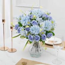 Buquê de hortênsias artificiais bordadas em seda, 1 peça, 29 cm (11,41 polegadas), rosas artificiais de chá para vaso de casamento na primavera, decoração de casa, sala de jantar, quarto, feriados, festa de aniversário, jardim externo, presente de Dia dos Namorados, decoração de baile de formatura. - Azul - Ver 11
