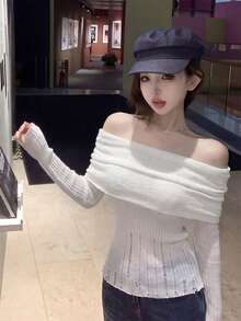 女士夏季露肩Y2K复古风长袖修身抓绒针织衫，优雅休闲甜美简约性感破东风纹理针织上衣，适合日常休闲、约会、周末聚会、返校季、街头时尚百搭上衣 - 杏色 - 查看 2