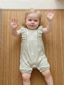 Infant Baby Girls Rompers Daisy Embroidery Stripe Crew Neck Ruffles Fly Sleeve Waffle Infant Bodysuits Jumpsuits - 綠色 - 查看 1