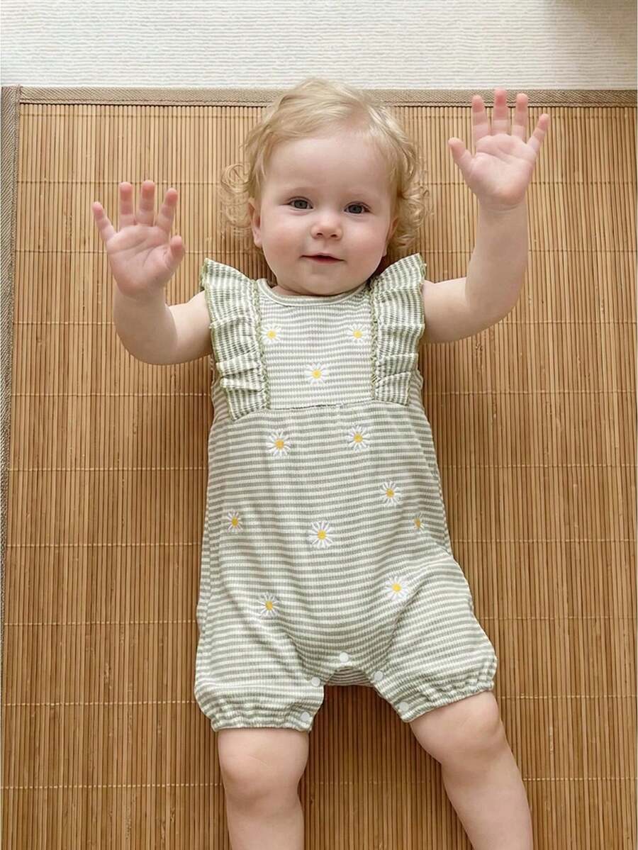 Infant Baby Girls Rompers Daisy Embroidery Stripe Crew Neck Ruffles Fly Sleeve Waffle Infant Bodysuits Jumpsuits - 綠色 - 查看 1