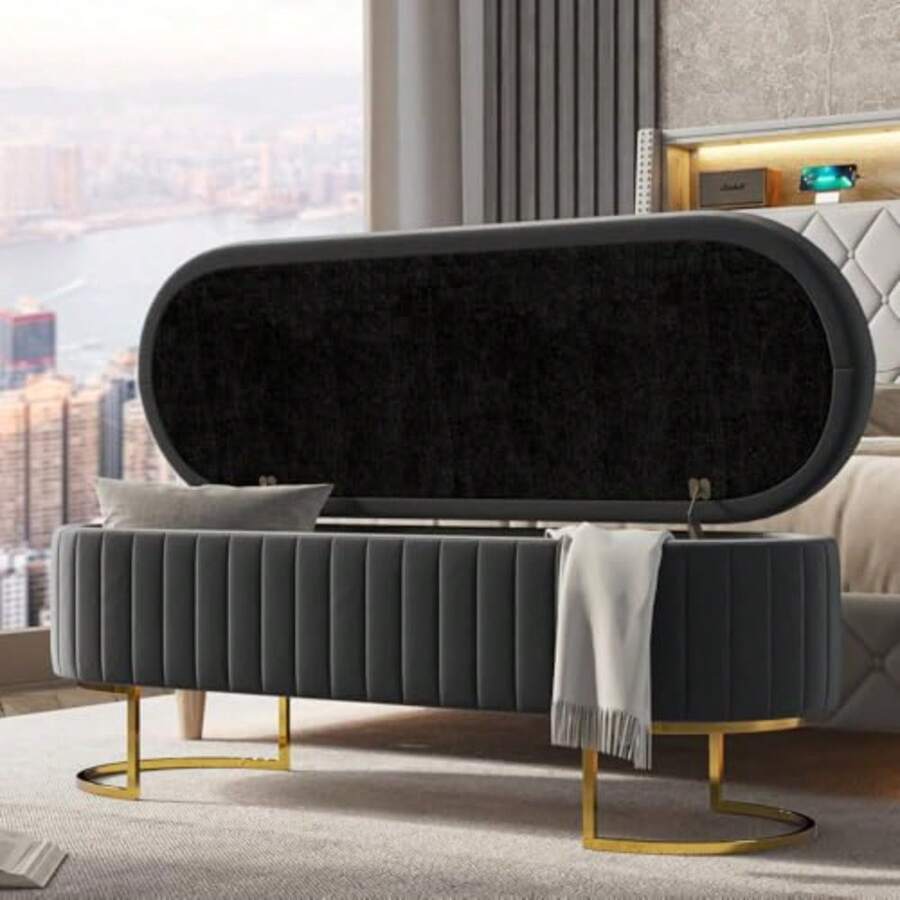 EcoHarbor Living - Banco de almacenamiento de terciopelo de 50 pulgadas otomano extremo tapizado de la cama con patas doradas asiento para reposapiés de entrada - Gris - Ver 1