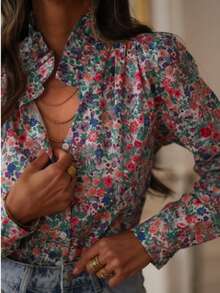 Blusa da donna con collo a balze e maniche a palloncino, motivo floreale, camicia casual, adatta per primavera ed estate, ideale per vacanze - Multicolore - Visualizzare 9