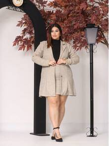 Women's Plus Size Curve Long Ribbed Knit Jacket With Pockets - Elegant Blazer - Autumn Fashion - 淺米色 - 查看 5